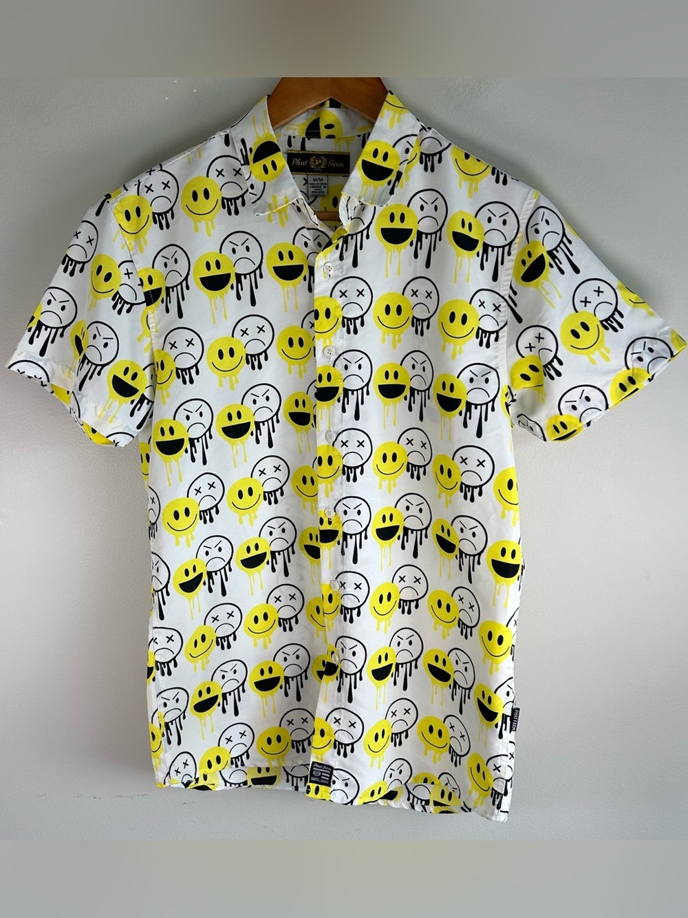 Vintage Phat Farm Men’s Button Up Shirt Size M Smiley/Upset Faces Emoji AOP Y2K
